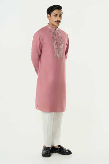 Shop_Line Out Line_Pink Cotton Aurum Placket Embroidered Kurta _Online_at_Aza_Fashions