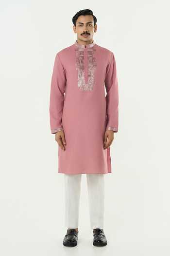 Line Out Line_Pink Cotton Aurum Placket Embroidered Kurta _at_Aza_Fashions