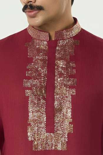 Shop_Line Out Line_Maroon Cotton Aurum Pitta Work Placket Kurta _Online_at_Aza_Fashions