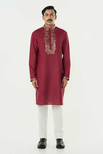 Line Out Line_Maroon Cotton Aurum Pitta Work Placket Kurta _at_Aza_Fashions