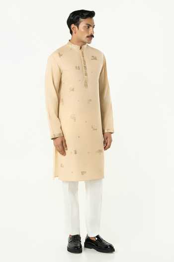 Shop_Line Out Line_Beige Cotton Alluro Pitta Work Kurta _Online_at_Aza_Fashions