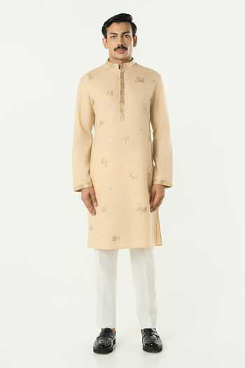 Line Out Line_Beige Cotton Alluro Pitta Work Kurta _at_Aza_Fashions