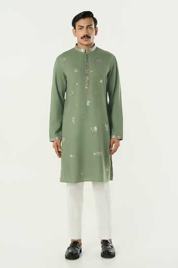 Buy_Line Out Line_Green Cotton Alluro Pitta Embroidered Kurta _Online_at_Aza_Fashions