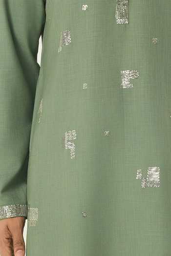 Shop_Line Out Line_Green Cotton Alluro Pitta Embroidered Kurta _Online_at_Aza_Fashions