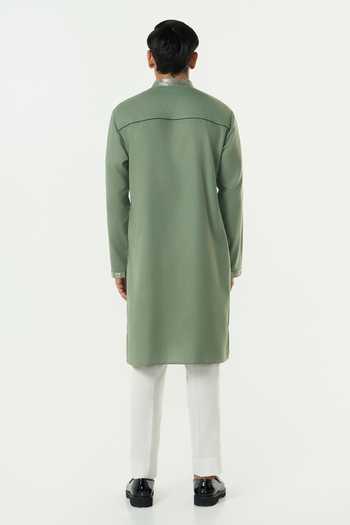 Line Out Line_Green Cotton Alluro Pitta Embroidered Kurta _at_Aza_Fashions