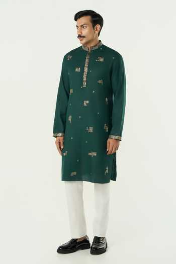 Line Out Line_Green Cotton Alluro Pitta Work Embroidered Matka Kurta _Online_at_Aza_Fashions