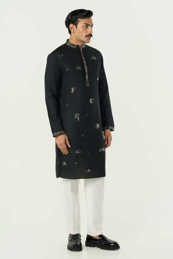 Buy_Line Out Line_Black Cotton Alluro Pitta Embroidered Motif Kurta _Online_at_Aza_Fashions