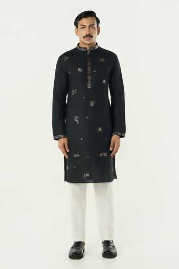 Shop_Line Out Line_Black Cotton Alluro Pitta Embroidered Motif Kurta _Online_at_Aza_Fashions