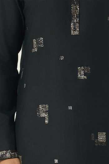 Line Out Line_Black Cotton Alluro Pitta Embroidered Motif Kurta _at_Aza_Fashions