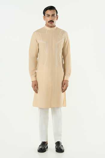 Buy_Line Out Line_Beige Cotton Classic Torrent Thread Work Kurta _Online_at_Aza_Fashions