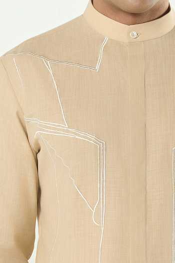 Shop_Line Out Line_Beige Cotton Classic Torrent Thread Work Kurta _Online_at_Aza_Fashions