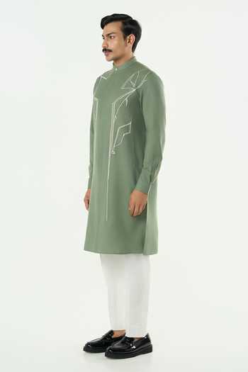 Shop_Line Out Line_Green Cotton Classic Torrent Abstract Thread Work Kurta _Online_at_Aza_Fashions