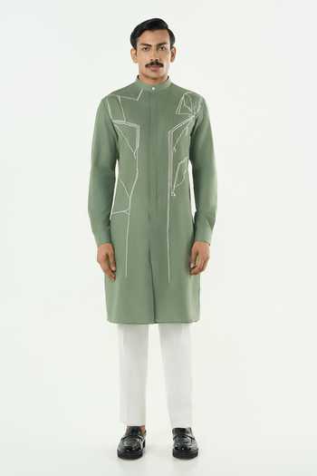 Line Out Line_Green Cotton Classic Torrent Abstract Thread Work Kurta _at_Aza_Fashions