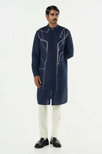 Buy_Line Out Line_Navy Cotton Classic Torrent Abstract Embroidered Kurta _Online_at_Aza_Fashions