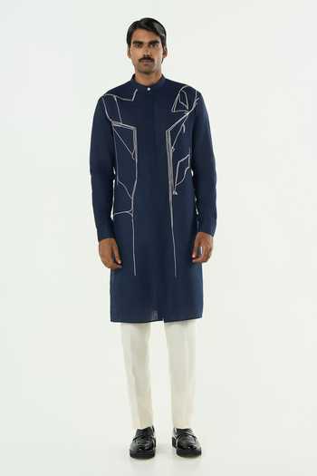 Shop_Line Out Line_Navy Cotton Classic Torrent Abstract Embroidered Kurta _Online_at_Aza_Fashions