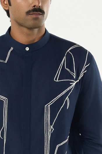 Line Out Line_Navy Cotton Classic Torrent Abstract Embroidered Kurta _at_Aza_Fashions
