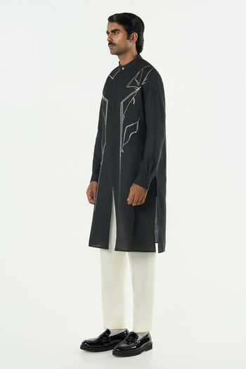 Line Out Line_Black Cotton Classic Torrent Embroidered Kurta _Online_at_Aza_Fashions