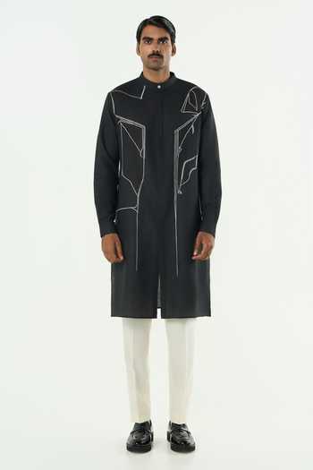 Shop_Line Out Line_Black Cotton Classic Torrent Embroidered Kurta _Online_at_Aza_Fashions