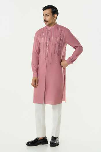 Line Out Line_Pink Cotton Lume City Thread Embroidered Kurta _Online_at_Aza_Fashions