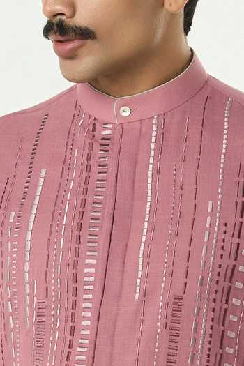 Shop_Line Out Line_Pink Cotton Lume City Thread Embroidered Kurta _Online_at_Aza_Fashions