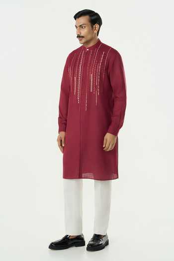 Line Out Line_Maroon Cotton Embroidered Lume City Kurta _Online_at_Aza_Fashions