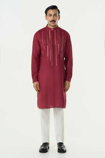 Buy_Line Out Line_Maroon Cotton Embroidered Lume City Kurta _Online_at_Aza_Fashions