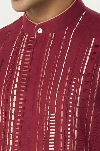 Shop_Line Out Line_Maroon Cotton Embroidered Lume City Kurta _Online_at_Aza_Fashions