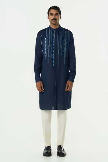 Line Out Line_Blue Cotton Lume City Tonal And Thread Embroidered Kurta _Online_at_Aza_Fashions
