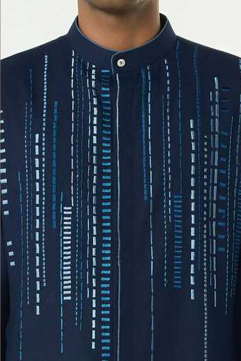 Shop_Line Out Line_Blue Cotton Lume City Tonal And Thread Embroidered Kurta _Online_at_Aza_Fashions