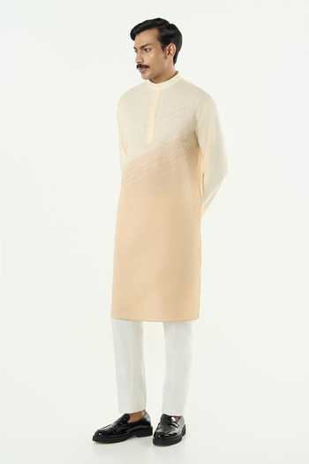 Line Out Line_Ivory Cotton Hyperdrive Color Block Embroidered Kurta _Online_at_Aza_Fashions