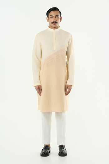Shop_Line Out Line_Ivory Cotton Hyperdrive Color Block Embroidered Kurta _Online_at_Aza_Fashions