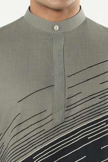 Line Out Line_Grey Cotton Hyperdrive Embroidered Color Block Kurta _Online_at_Aza_Fashions