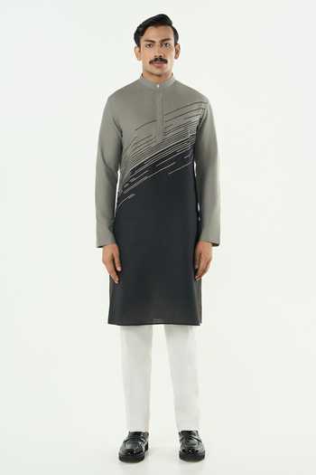 Buy_Line Out Line_Grey Cotton Hyperdrive Embroidered Color Block Kurta _Online_at_Aza_Fashions