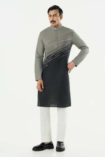 Shop_Line Out Line_Grey Cotton Hyperdrive Embroidered Color Block Kurta _Online_at_Aza_Fashions