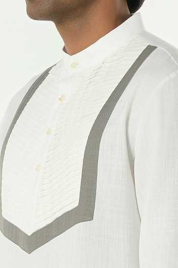 Shop_Line Out Line_Off White Cotton Circuit Pleated Yoke Kurta _Online_at_Aza_Fashions