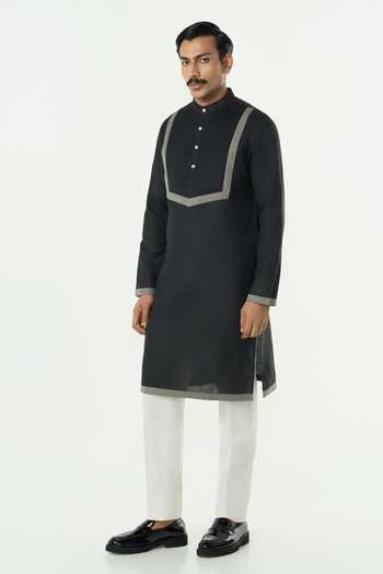 Line Out Line_Black Cotton Circuit Pleated Patch Yoke Kurta _Online_at_Aza_Fashions