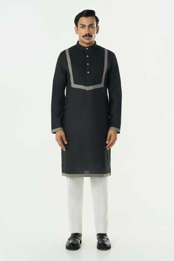 Buy_Line Out Line_Black Cotton Circuit Pleated Patch Yoke Kurta _Online_at_Aza_Fashions