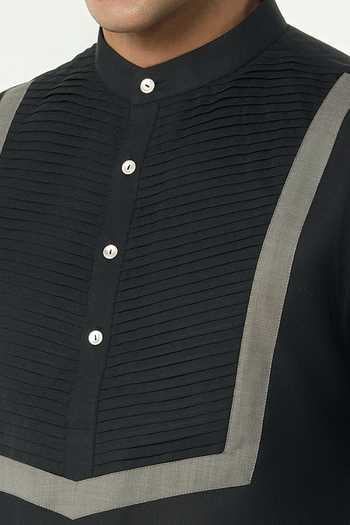 Shop_Line Out Line_Black Cotton Circuit Pleated Patch Yoke Kurta _Online_at_Aza_Fashions