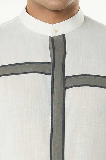 Buy_Line Out Line_Off White Cotton Crossbeam Patch Kurta _Online_at_Aza_Fashions