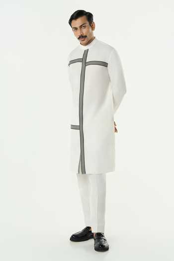 Shop_Line Out Line_Off White Cotton Crossbeam Patch Kurta _Online_at_Aza_Fashions