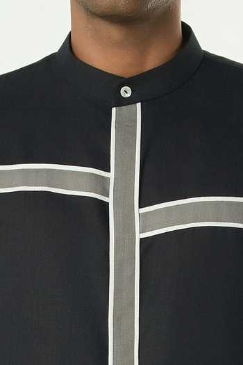 Buy_Line Out Line_Black Cotton Crossbeam Contrast Patch Kurta _Online_at_Aza_Fashions