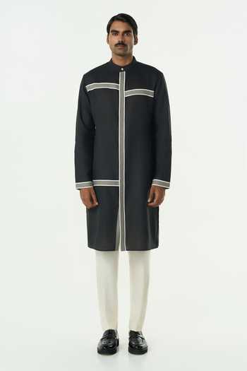 Shop_Line Out Line_Black Cotton Crossbeam Contrast Patch Kurta _Online_at_Aza_Fashions