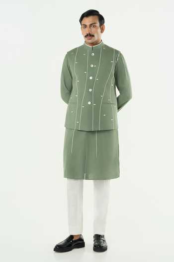 Line Out Line_Green Cotton Embroidery, Piping Warp Line Matka Bundi _at_Aza_Fashions