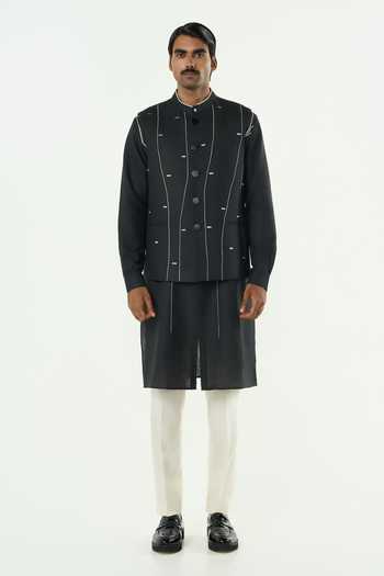 Shop_Line Out Line_Black Cotton Piping Warp Line Threadwork Bundi _Online_at_Aza_Fashions