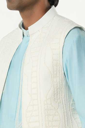 Line Out Line_Off White Cotton Grill Cutdana Grid Bundi _Online_at_Aza_Fashions