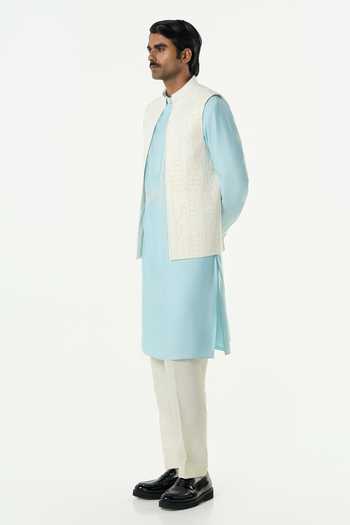 Shop_Line Out Line_Off White Cotton Grill Cutdana Grid Bundi _Online_at_Aza_Fashions