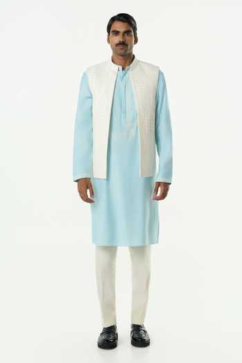 Line Out Line_Off White Cotton Grill Cutdana Grid Bundi _at_Aza_Fashions