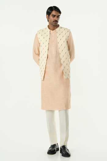 Line Out Line_Ivory Cotton Beads Urban Lustre Embellished Bundi _at_Aza_Fashions