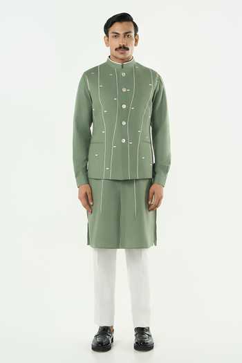 Line Out Line Warp Embroidered Bundi Jacket & Kurta Set 