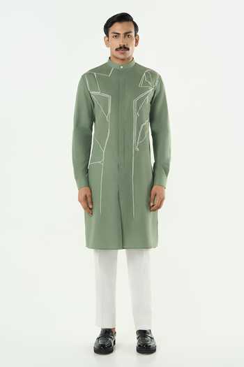 Buy_Line Out Line_Green Cotton Embroidery Warp Bundi Jacket And Kurta Set _Online_at_Aza_Fashions